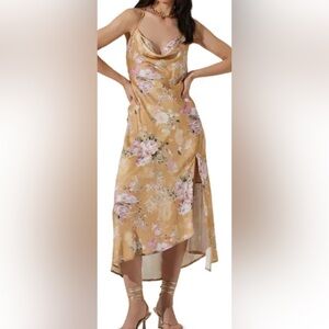 Astr Gaia Floral Gold and Pink Asymmetrical Slip Dress